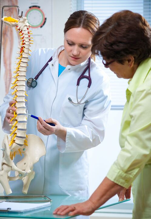 Den Dokter weist Osteochondrose vun der Wirbelsäule op engem Mock-up